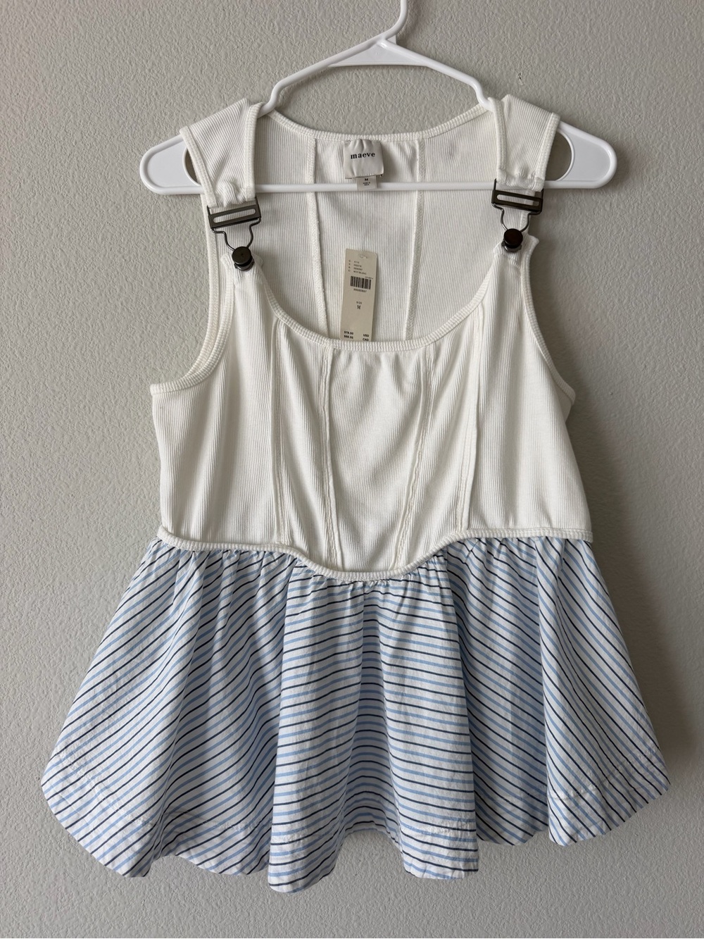 Maeve Anthropologie Corset Peplum Top M White Blue Striped Ribbed Cotton NWT